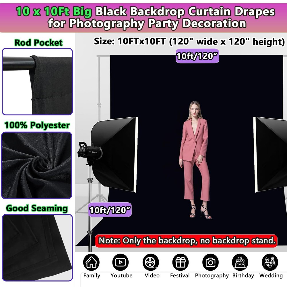 Black Backdrop 10 X 10 Ft, Solid Photo 10x10ft, black backdrop