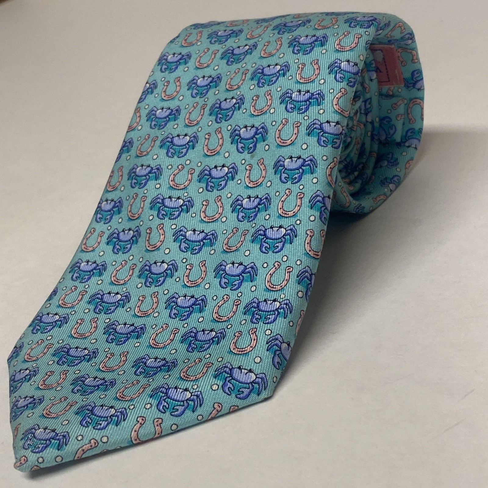 Vineyard Vines Boys Teal Blue Repp Silk Tie Lucky Horse Shoe Crabs 49.5” USA E2