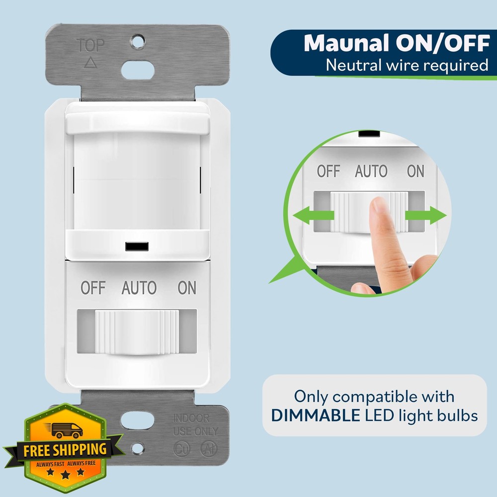 TOPGREENER In Wall PIR Motion Sensor Light Switch Single Pole White