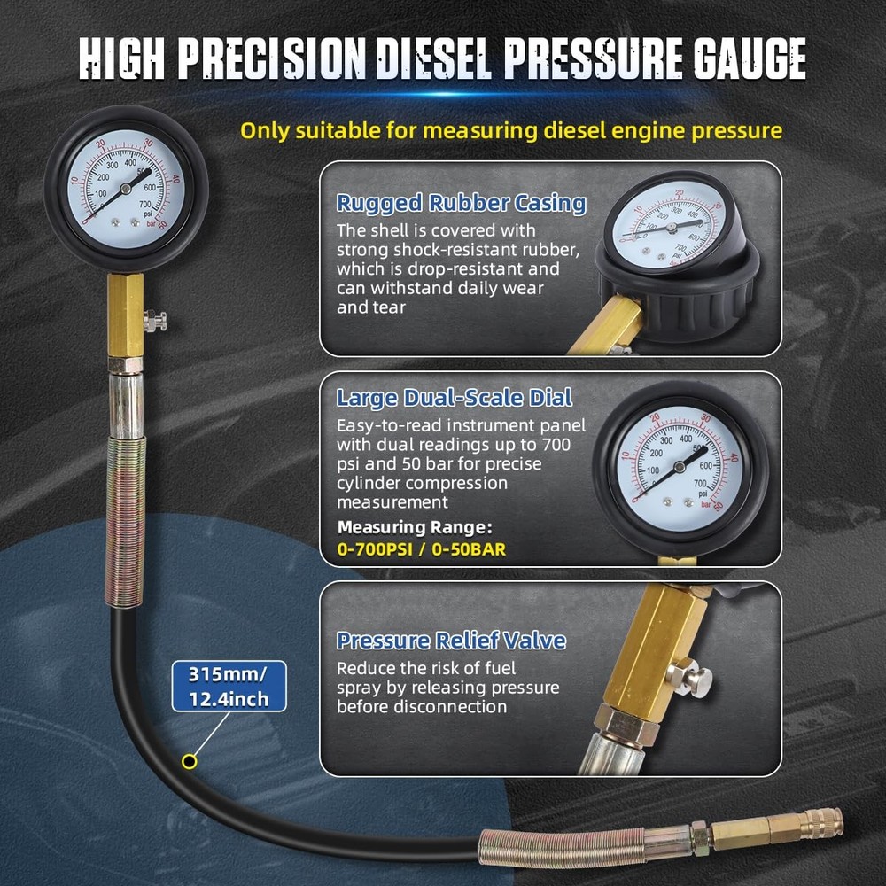 46PCS Compression and Leakage Test Kit Petrol & Diesel Compression Tester Kit...