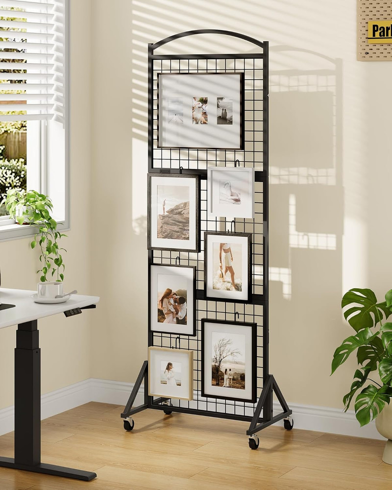 Foldable Grid Wall Panel 1.9' x 5.6', Movable Display Rack with Hooks, Black