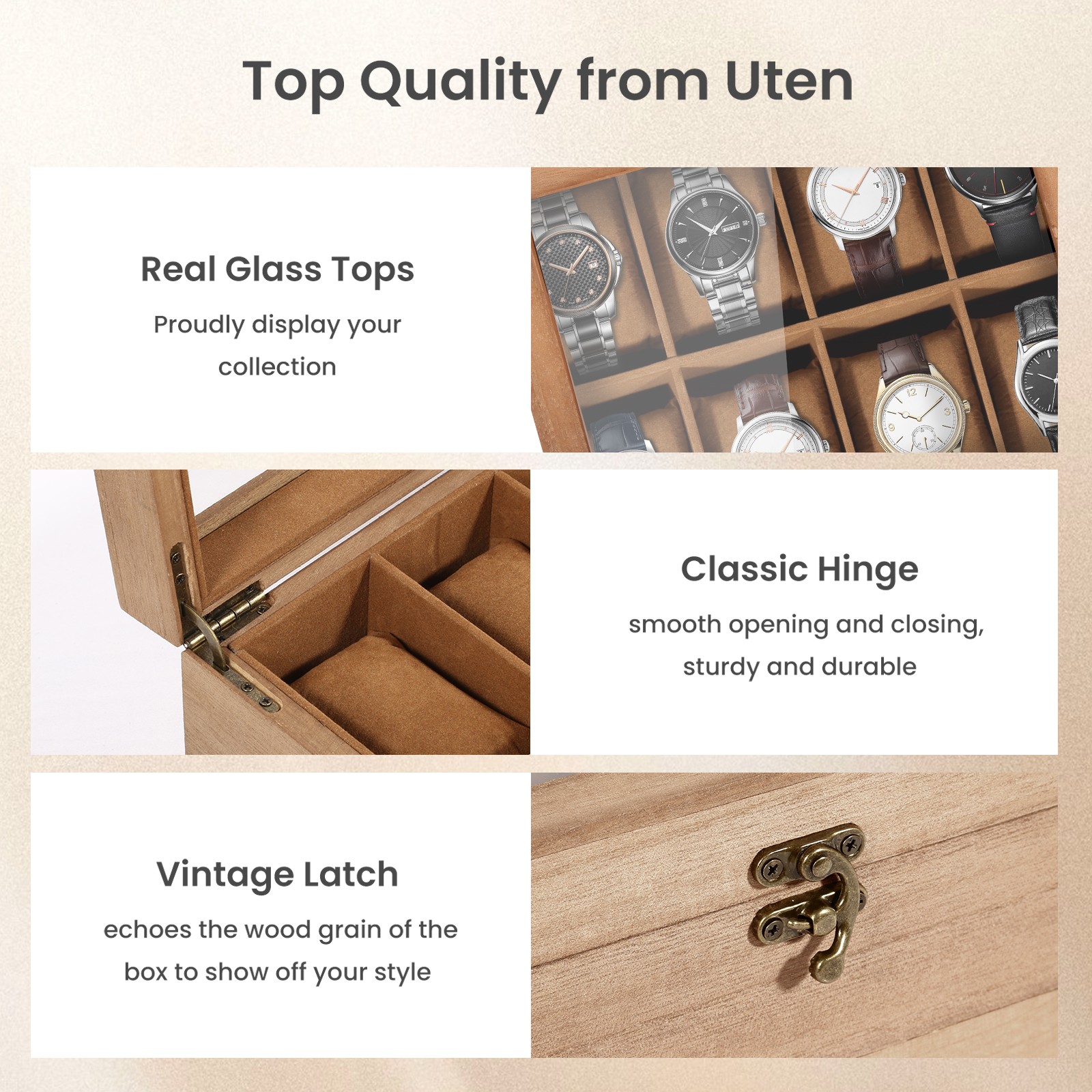 8-10-12 Slot Watch Box Solid Wood Watch Display Case with Glass Lid Watch Holder