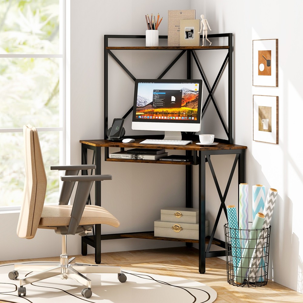 Corner Desk Space-Saving Computer Desk with Shelves & Keyboard Tray Rustic Brown