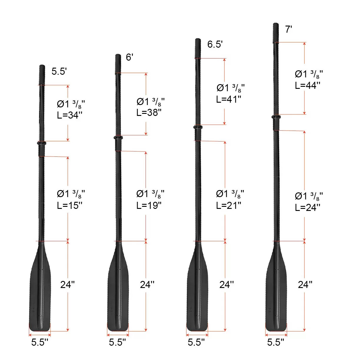 Flat Blade Aluminum Oars with Oar Sleeves, Detachable