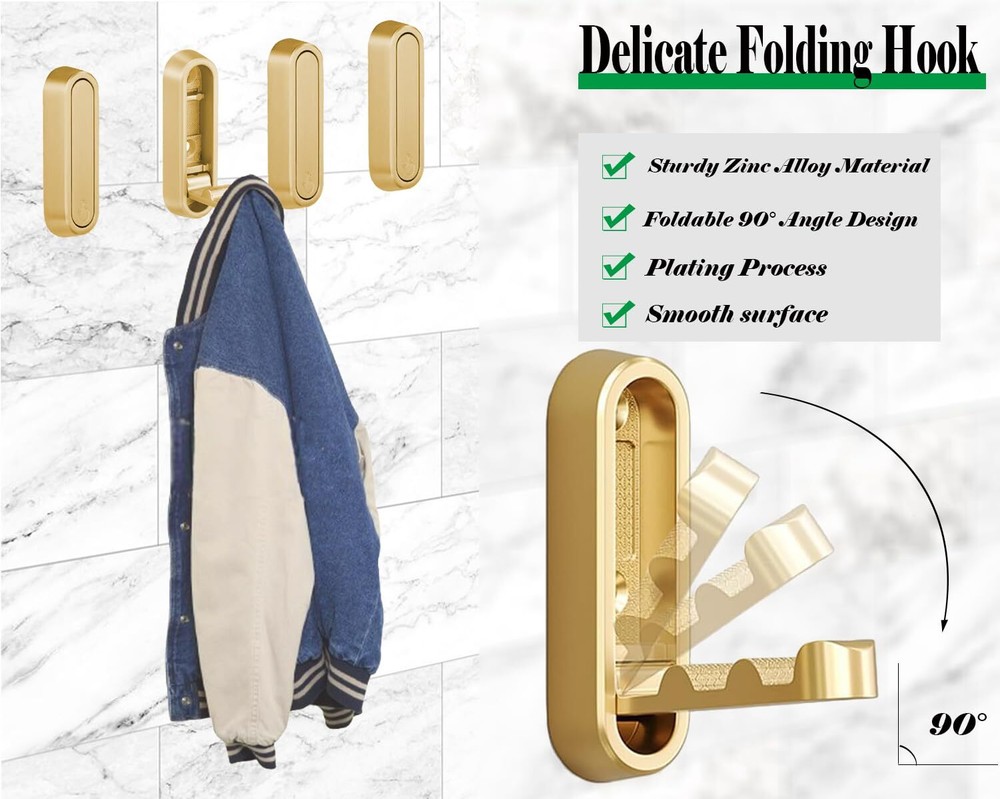4 PCS Foldable Gold Wall Hooks Folding Coat Hook Towel Hooks Folding Wall Hoo...