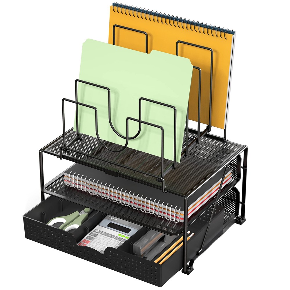 Desktop File Organizer with Double Tray and 5 Folder Stand, Black