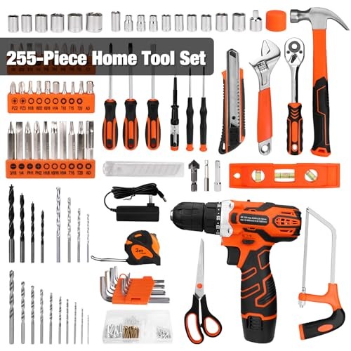 255-Piece Tool Set - Tool Kit with 12V Cordless Drill Driver, Toolbox Orange