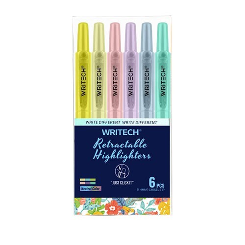 WRITECH Retractable Refillable Highlighter Neutral Clrs 4mm Chisel 6/Pk School
