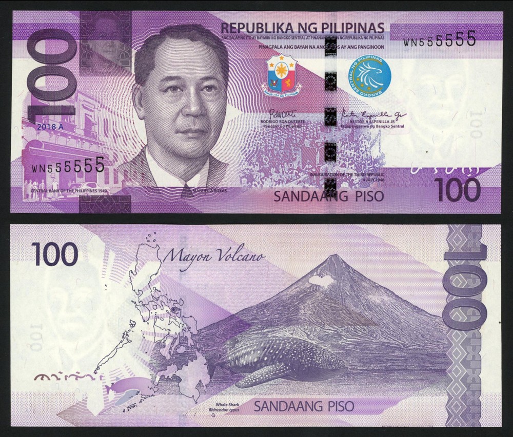 2018 A NEW GENERATION 100 Pesos Duterte SOLID NO. WN555555 Philippine Banknote