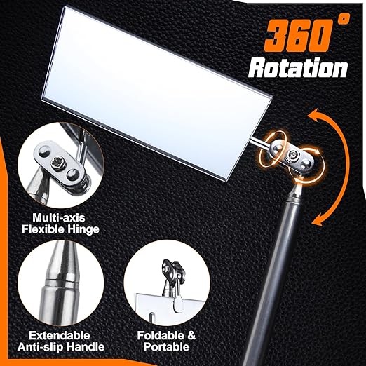 Telescoping Auto Inspection Mirror 360° Swivel Head Rectangular 19.5"-Orange