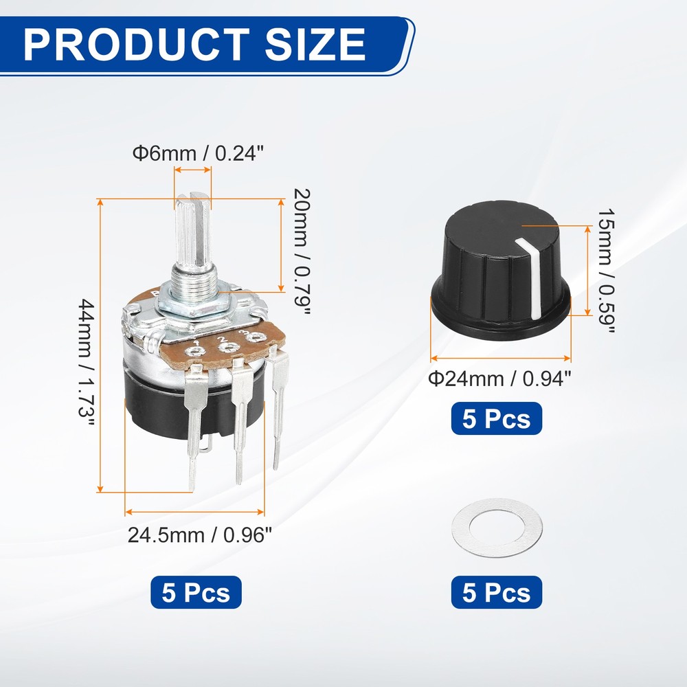 5Set 500K Ohm Rotary Potentiometer WH138 3 Pin Variable Resistor with 24mm Knobs