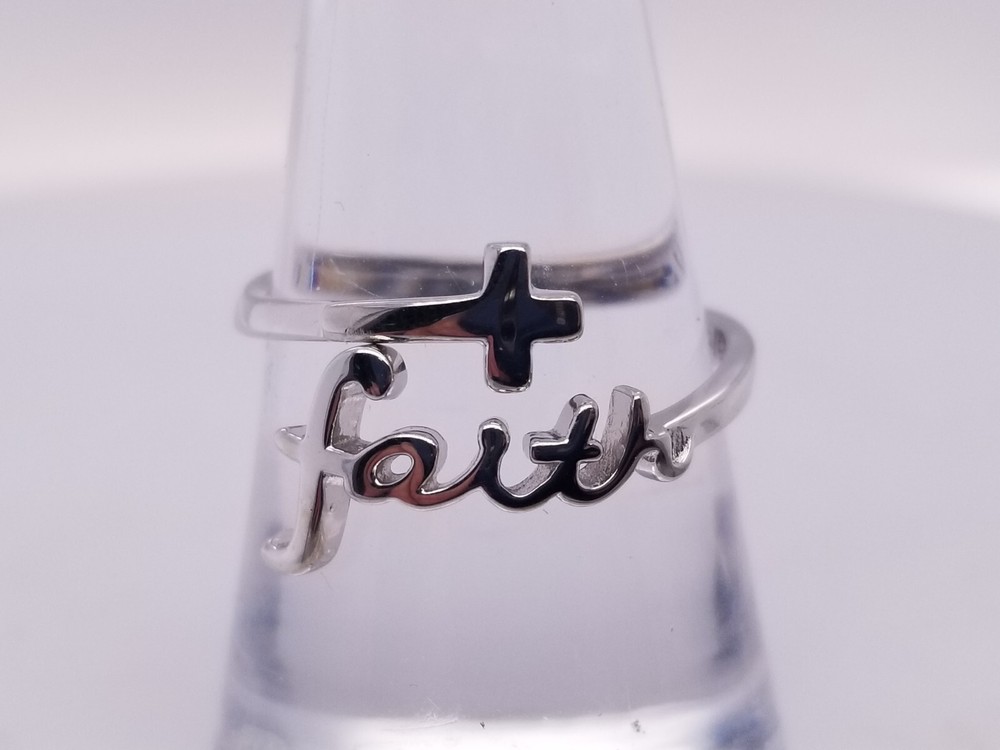 Always Blessed "FAITH" Script Cross Sterling Silver Ring Sz 8 (Adjustable)