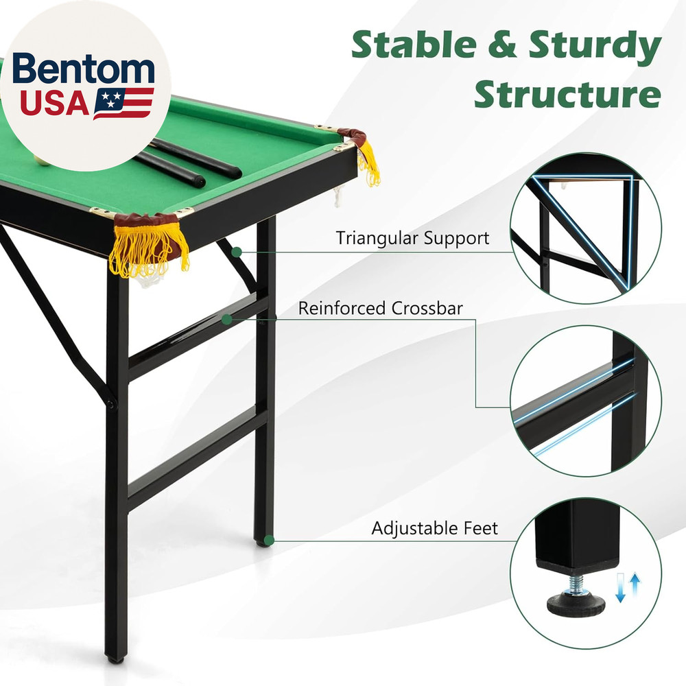 48" Pool Table, Foldable Billiards Table with 2 Cue Sticks, 16 Balls, Triangle,