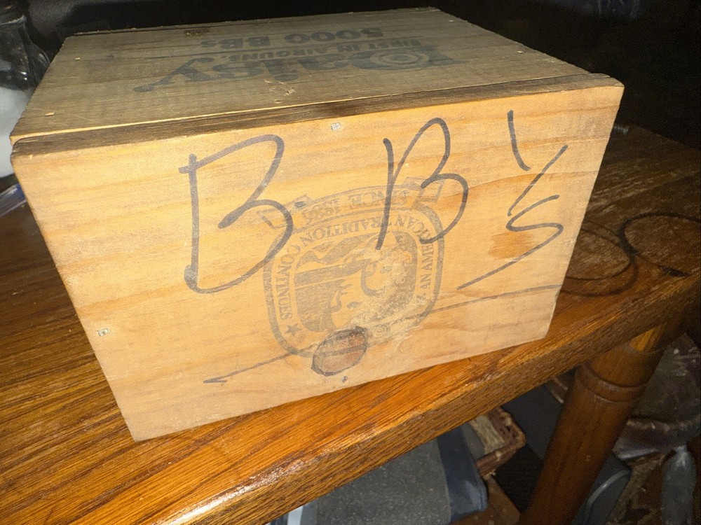 Daisy BB Wood Storage Box With 12 Pack Quick Silver 152 BB And A Partial Opened