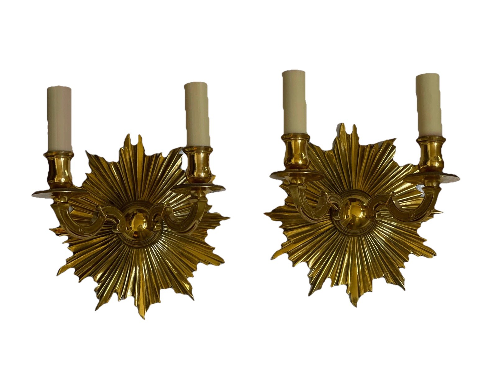 PAIR - Antique Vintage Art Deco Bronze Brass Starburst Sunburst Wall Sconce