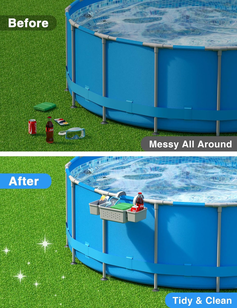 Poolside Storage Basket with 2 Cup Holders, Stretchable above Ground Pool Access