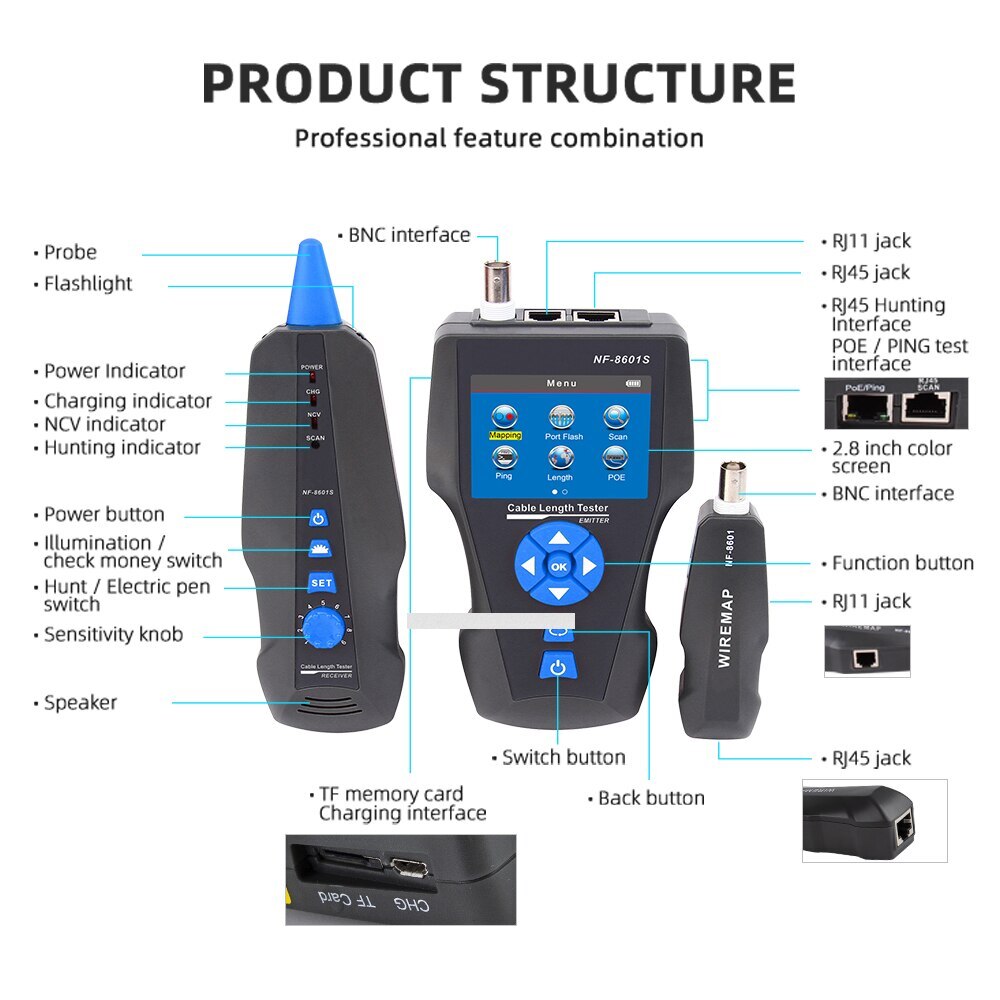 NF-8601S Ethernet Lan Cable Tester Test Cable Network Continuity Length Tester