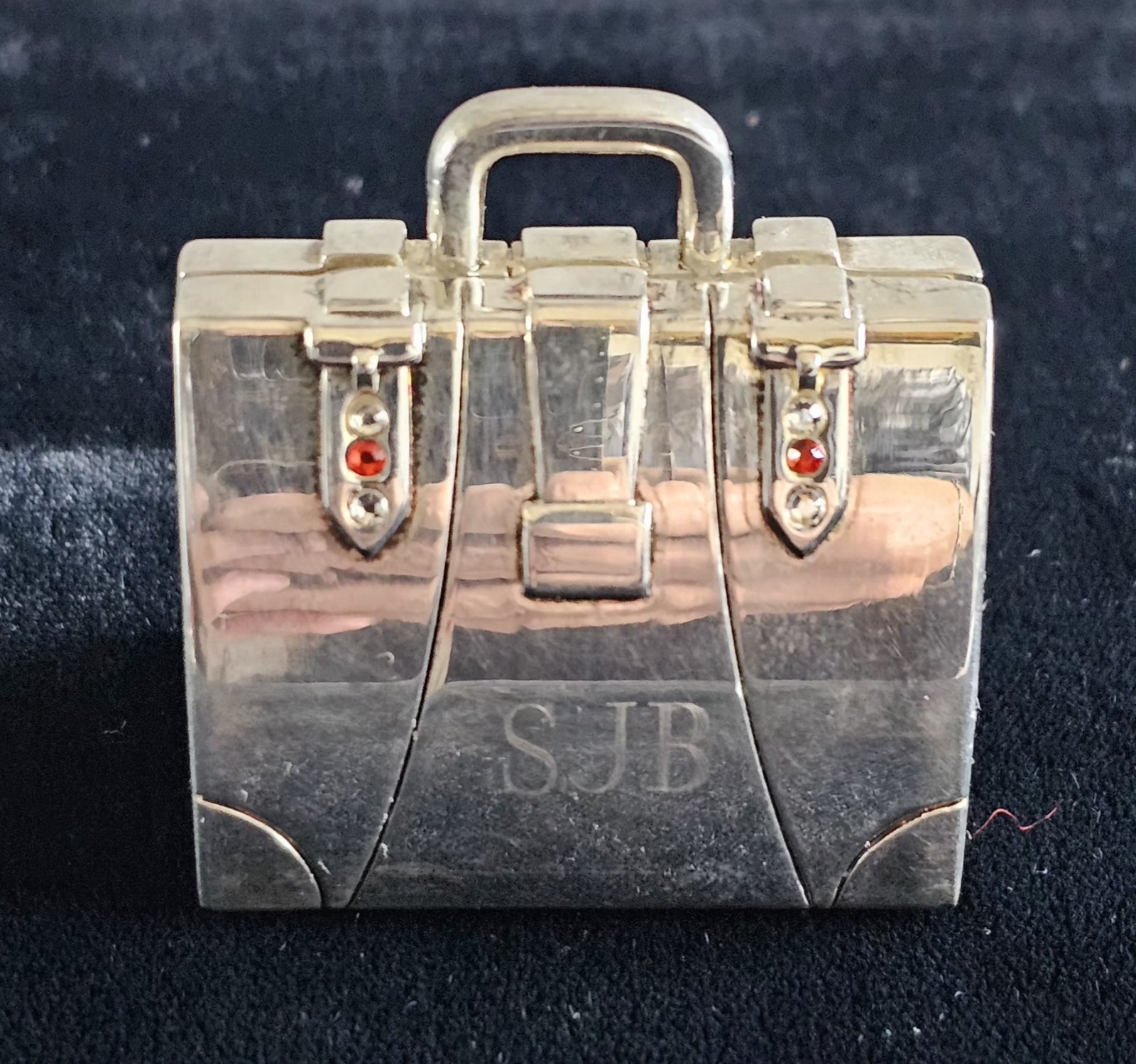 Vintage Silver Tone Mini Suitcase Trinket/Pill Box Red Rhinestones Engraved SJB