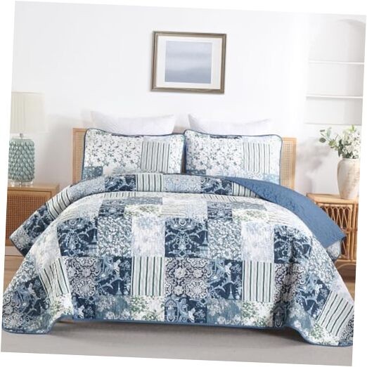 Patchwork Pattern Quilt Set Size Plaid Reversible Bedspread Coverlet Queen Blue