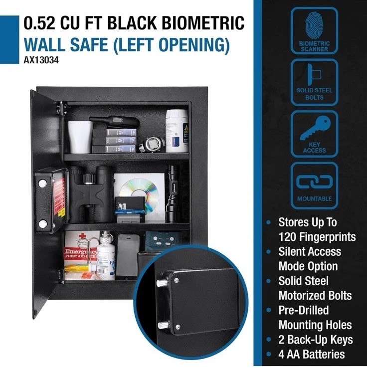 Barska Left Opening AX13034 Wall Mountable Wall Safe with Keys - Biometric Lock