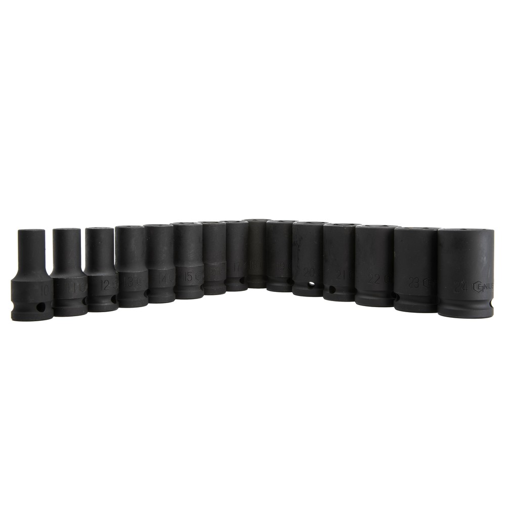 Genius Tools 15 Piece 1/2" Dr. Metric Semi-Deep Thin Wall Impact Socket Set (...