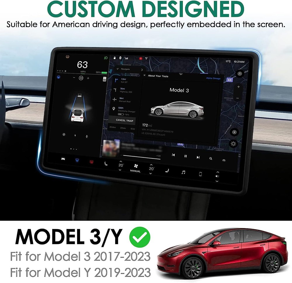 Screen Frame Protector for Tesla Model 3 Y Accessories Silicone Black 2017-2024