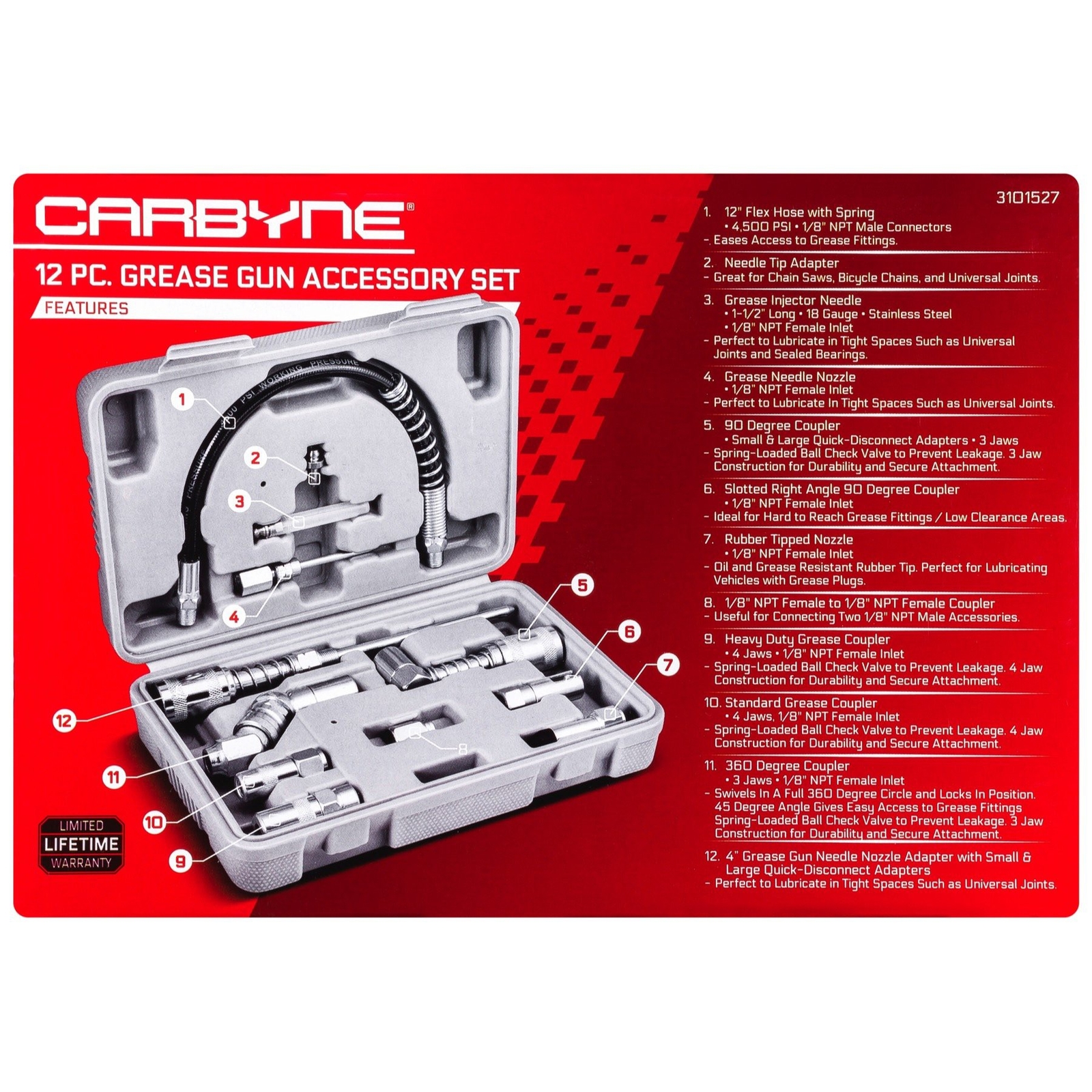 Carbyne 12 Piece Grease Gun Accessory Set | All-in-One Set Includes Couplers,...