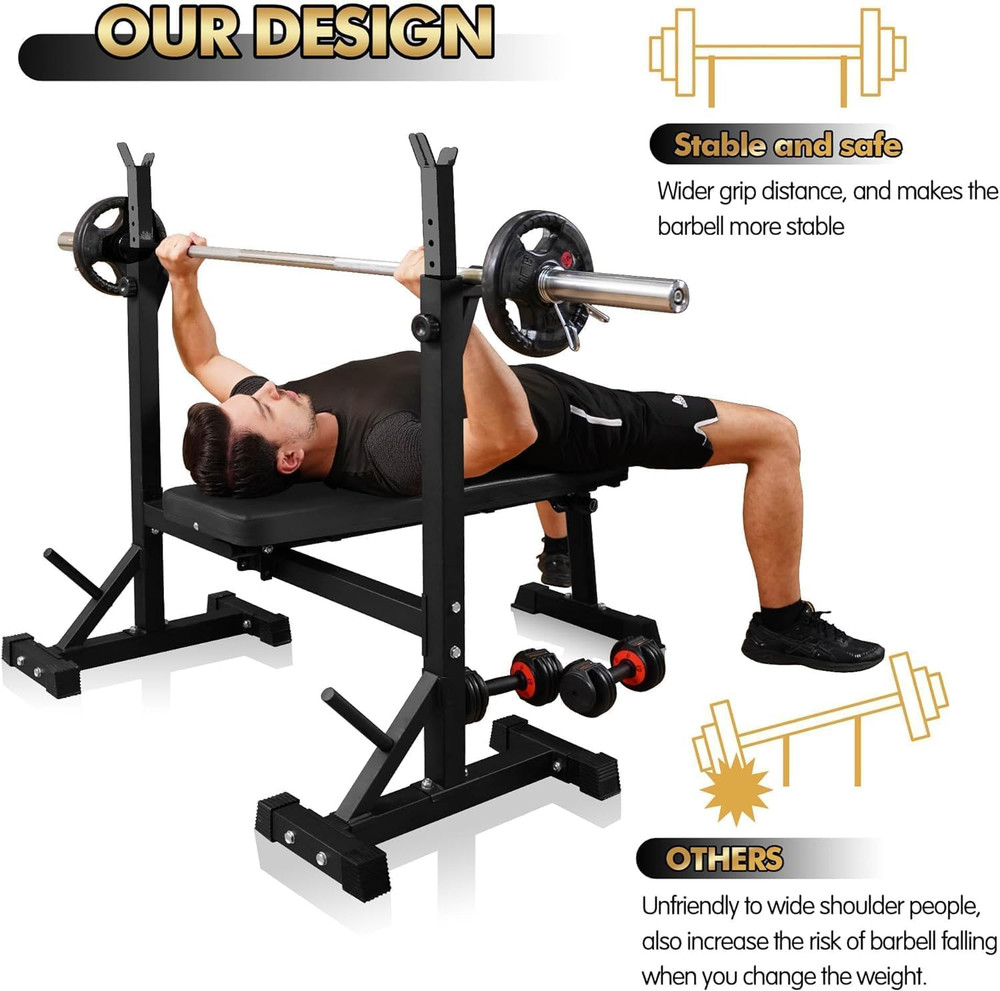 Bench Press, Olympic Weight Bench with Squat Rack Workout Bench Adjustable Barb