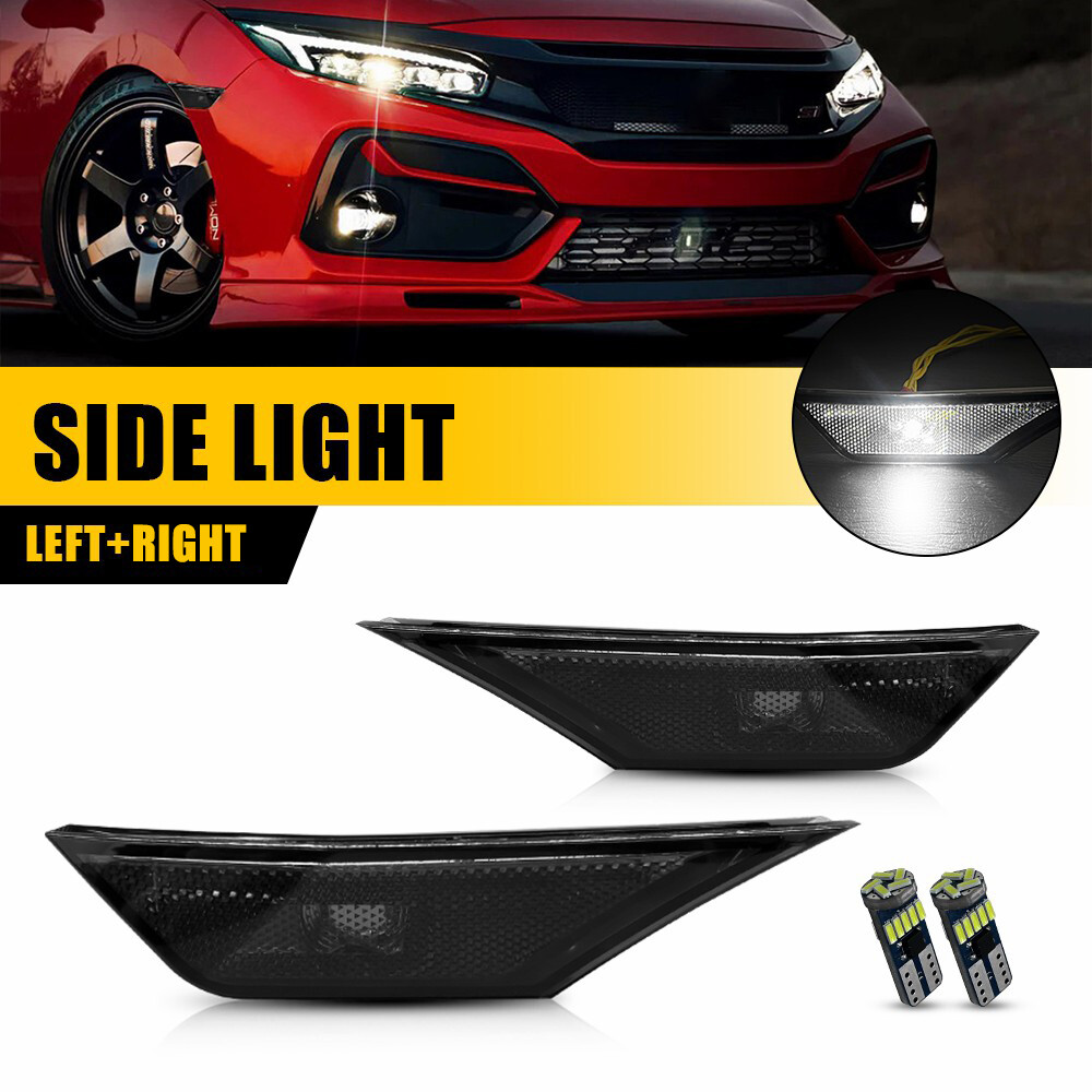 2PC For 2016-2021 Honda Civic Front LED Side Bumper Marker Smoked White LED EOA