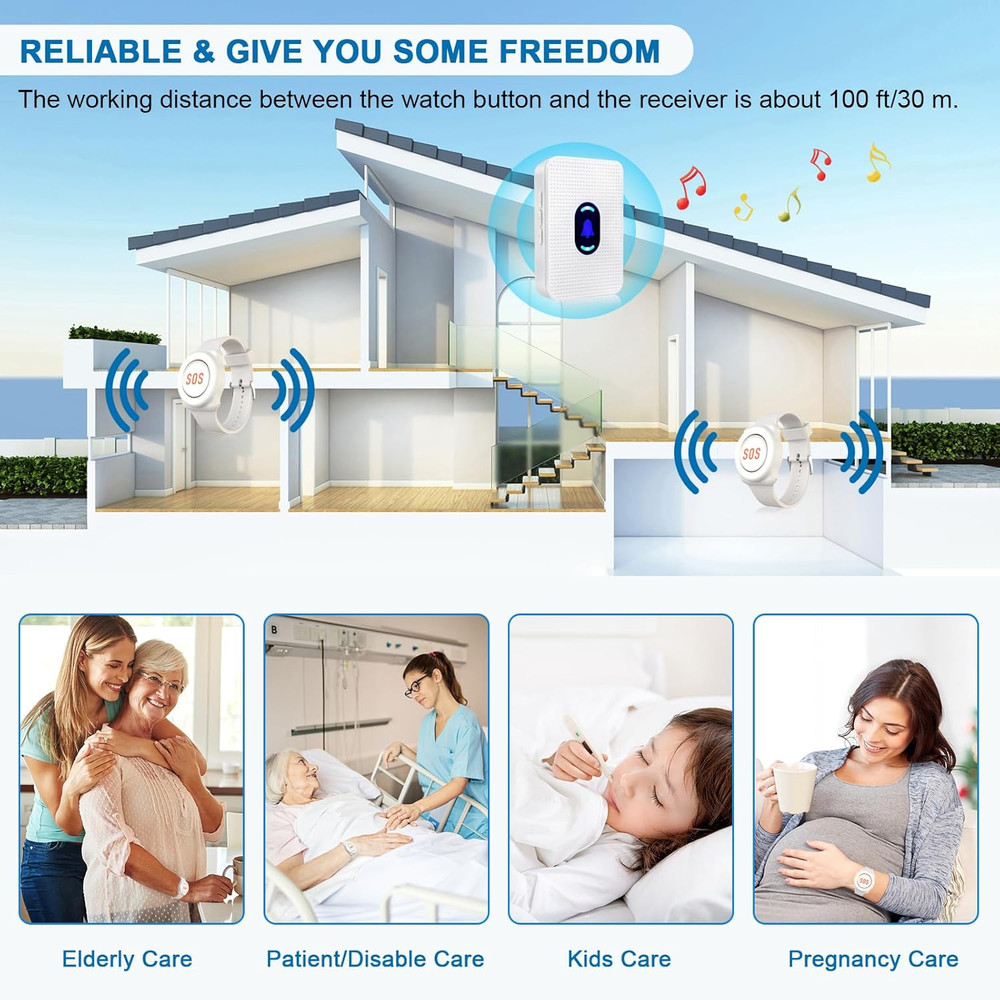 Daytech Wireless Caregiver Pager Call Button Elderly Nurse Alert System for Elde