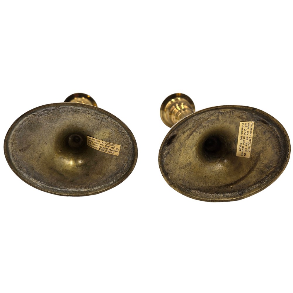 Brass Candlestick Set Oval MCM Traditional Goldtone Lacquered Holder Pair