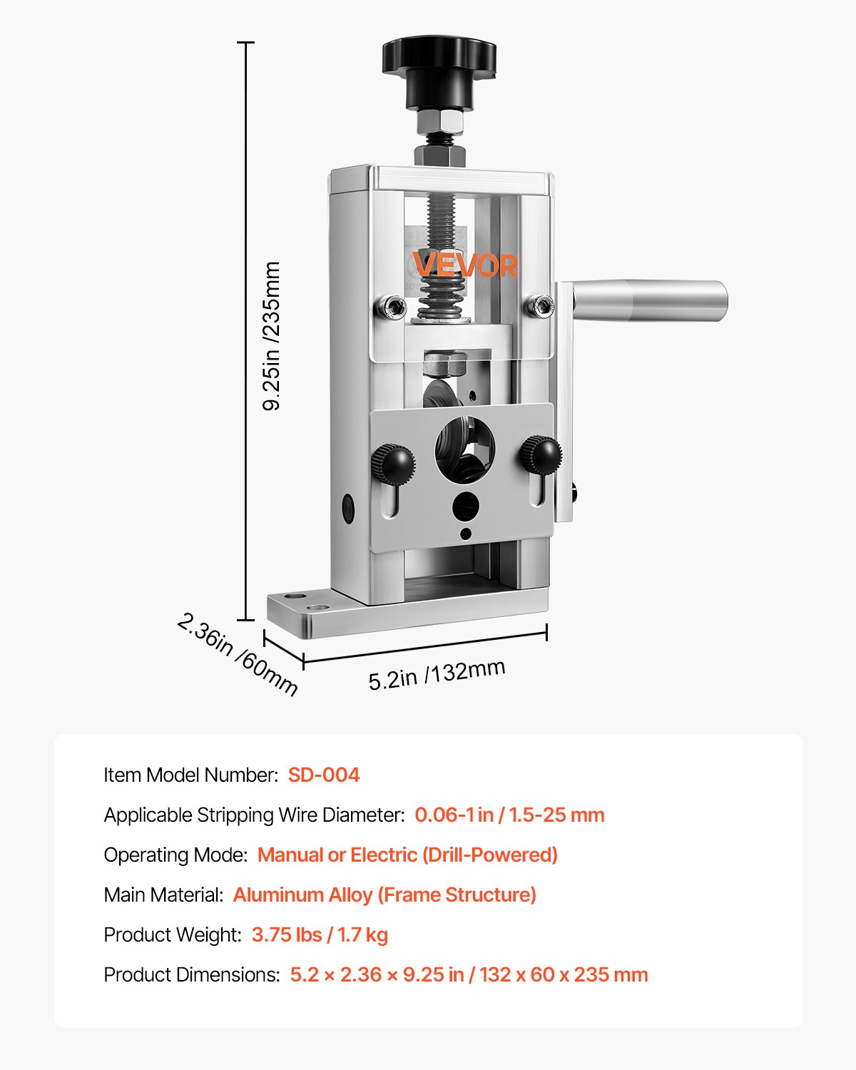 VEVOR Manual Wire Stripper Stripping Machine 0.06-1 in Hand Crank or Drill