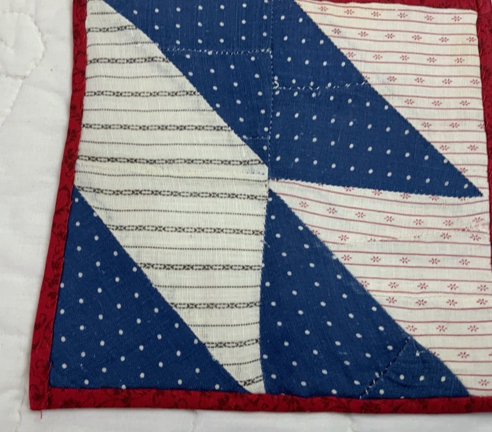 Vintage Antique Patchwork Quilt Table Topper, Triangles, Blue, White