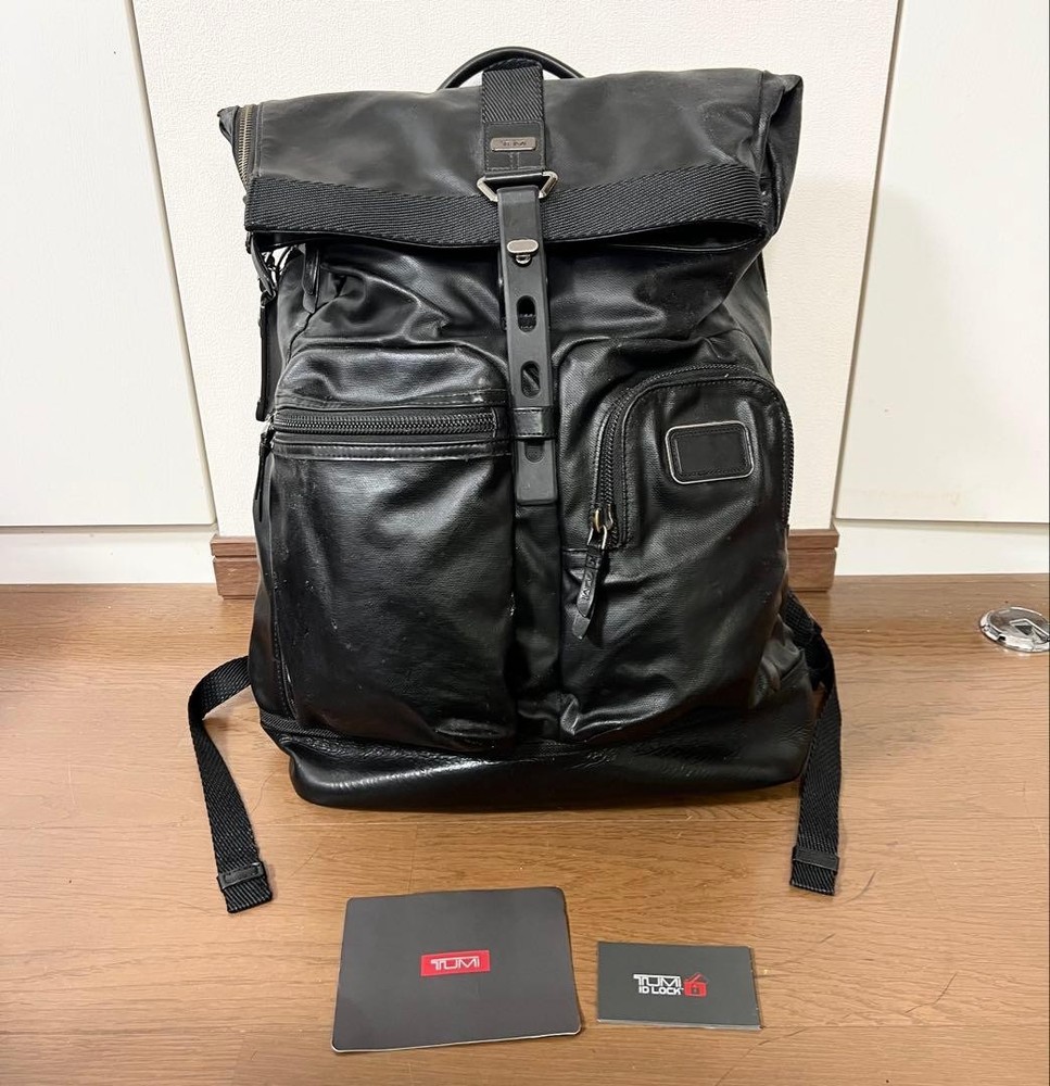 TUMI Leather Backpack Roll Top Backpack Black