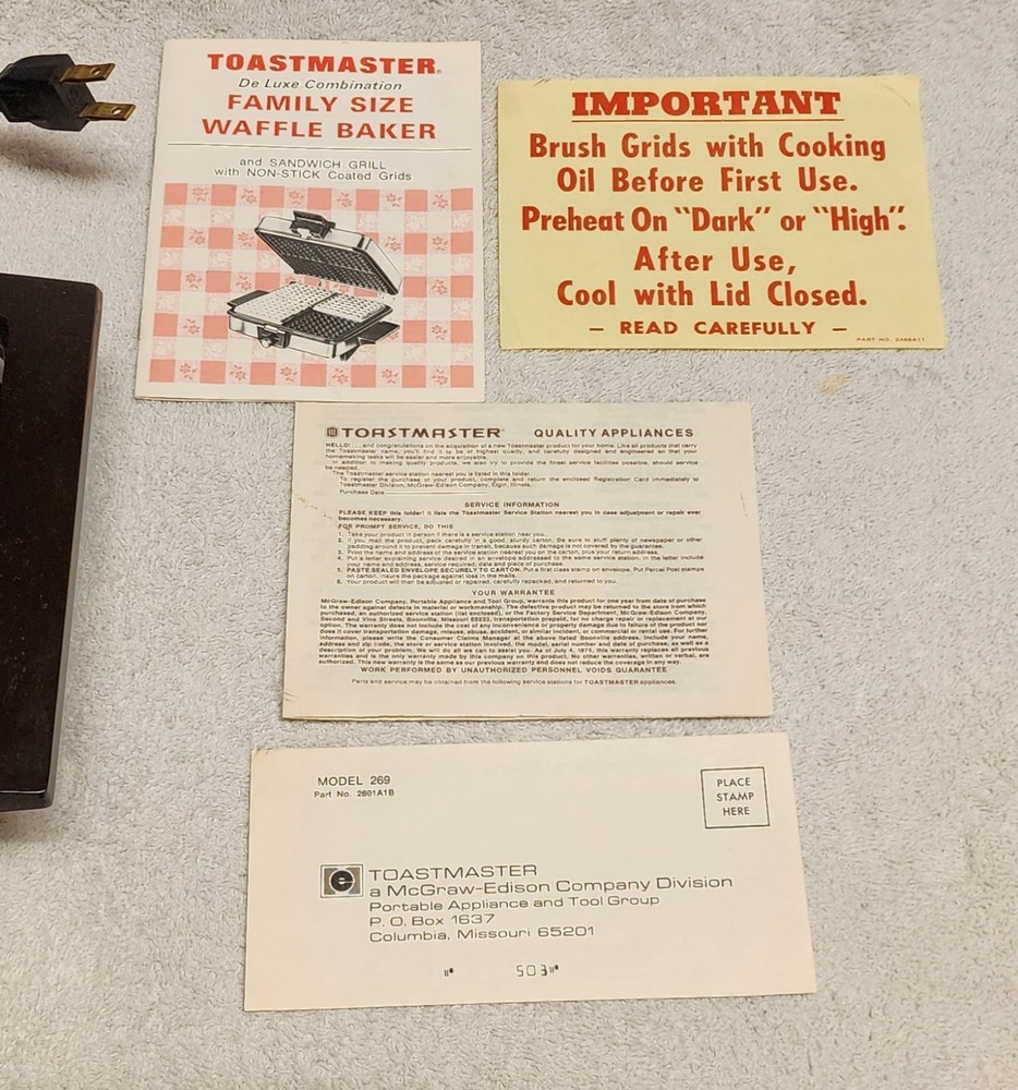 Toastmaster 269 Waffle Maker Baker Griddle Press Reversible Plates Tested Works