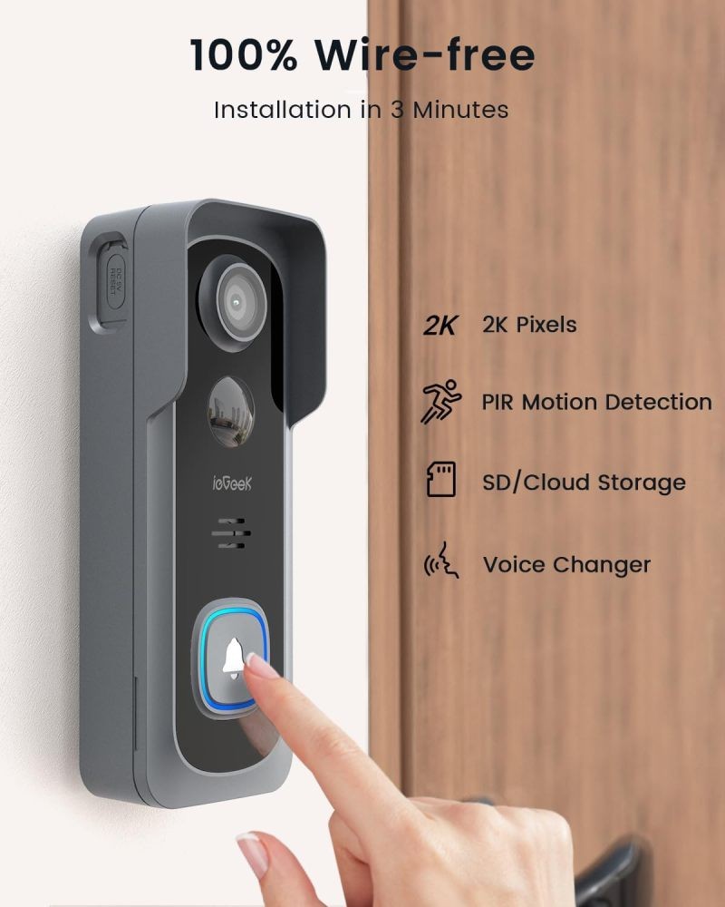 Doorbell Camera Wireless No Subscription, 2K 3MP HD View, PIR Motion Detection