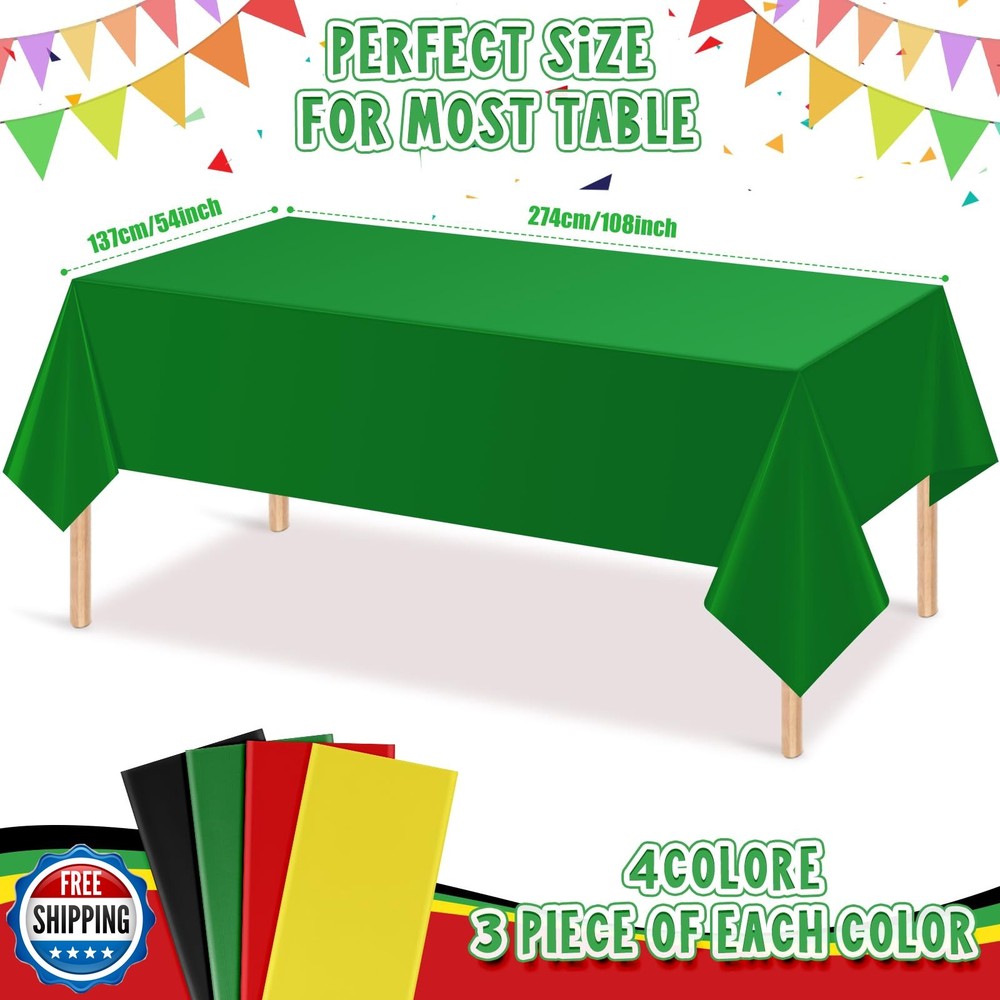 MASHAN 12Pcs Red Green Yellow Black Plastic Tablecloths, Disposable Rectangle...