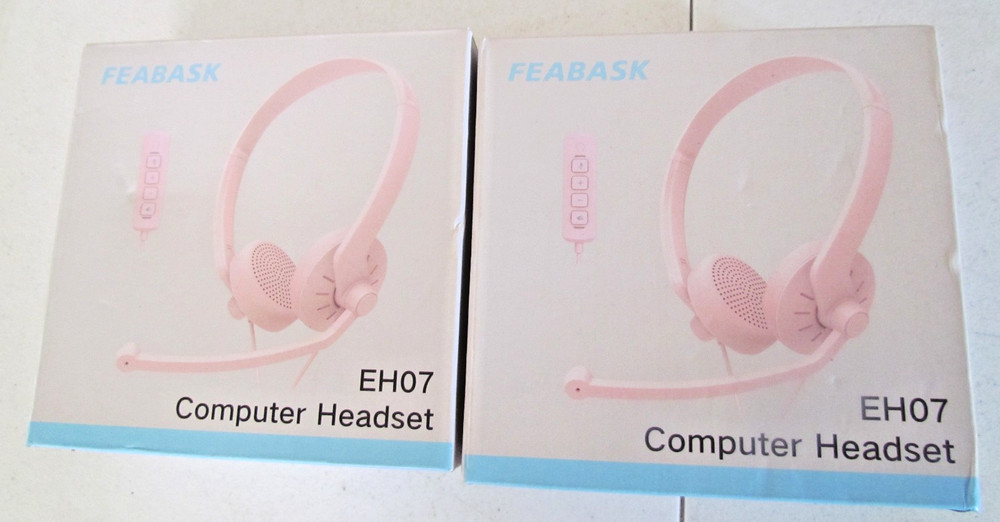 FEABASK EH07 Computer Headset Pink 2 Pack 3.5mm USB Mic Lightweight
