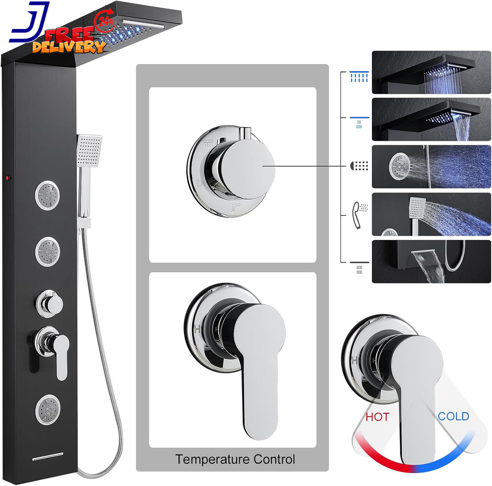 Multi-Function LED Lights Shower Panel System Black 5 in 1 Shower Panel NEW