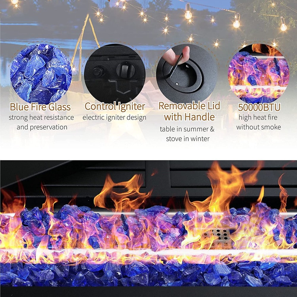 Propane Gas Fire Pit Table 45 Inch 50000BTU Rectangular Outdoor Firepits w/ Lid
