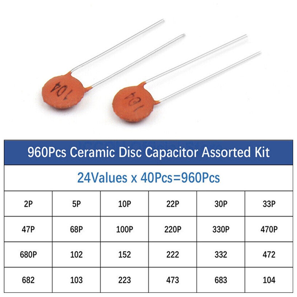 960 PCS 24 Value Ceramic Capacitor 2PF-100NF Assortment Kit for Electronics
