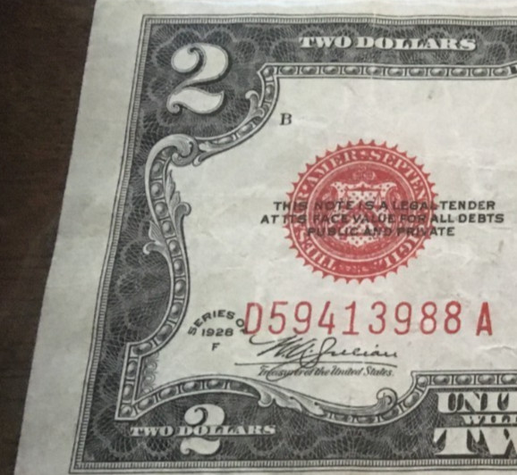 1928 F $2 misalignment RED SEAL NOTE circulated serial # shifted to left error