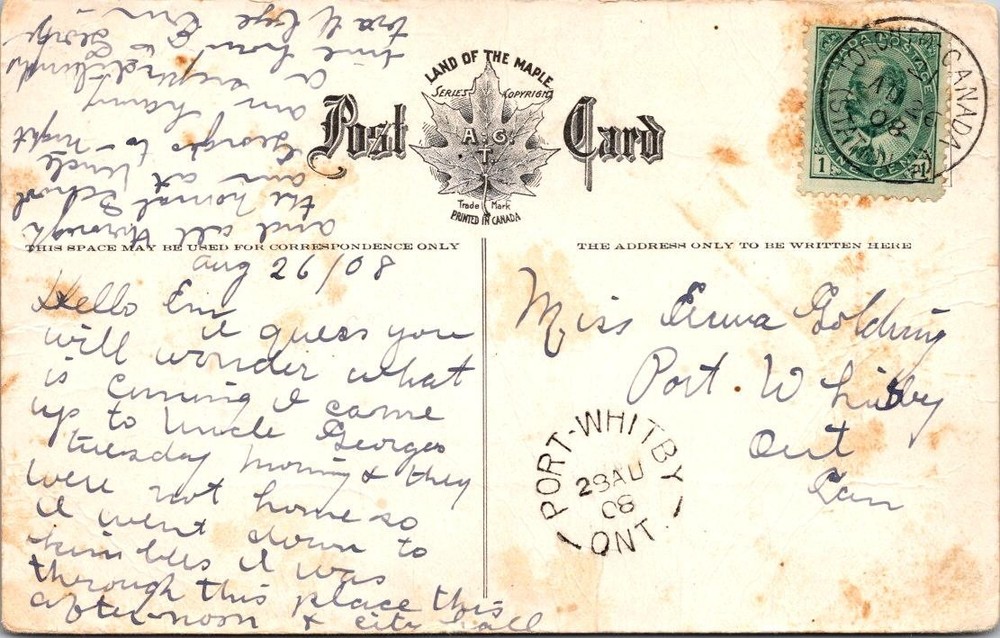 Canada 1908 Port Whitby Ont PPC  - A02408