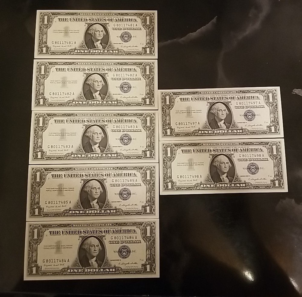 7  1957A SILVER CERTIFICATES 5 NOTES IN SERIAL# ORDER & 2 NOTES IN SERIAL# ORDER