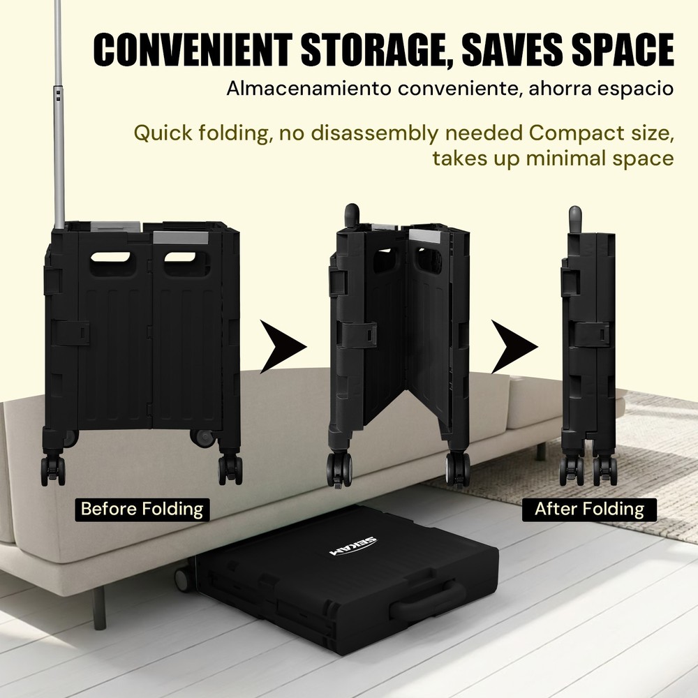 Foldable Rolling Crate with Lid & Telescopic Handle Portable Utility Cart Multi