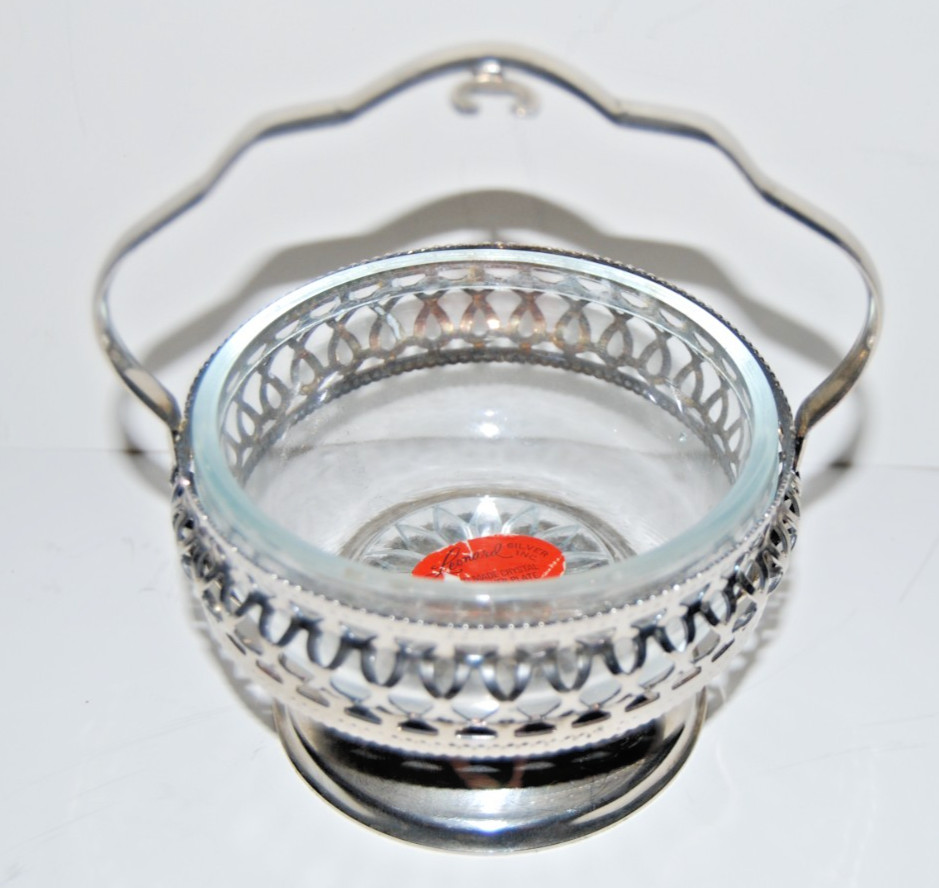 Vintage Leonard Inc. Glass & Silver-plate Serving Condiment Basket w/ Insert