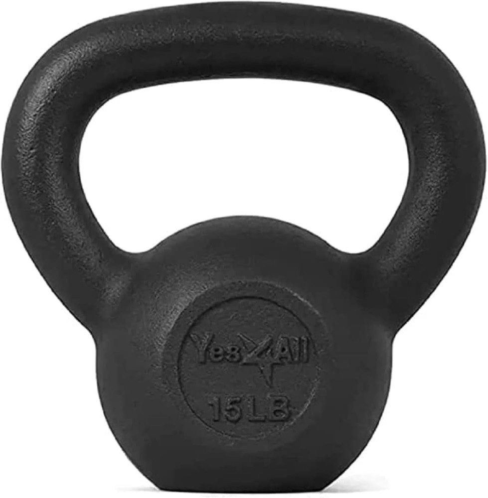 Durable 15 Lbs Black Cast Iron Kettlebell - Strength & Cardio Exercise Essential