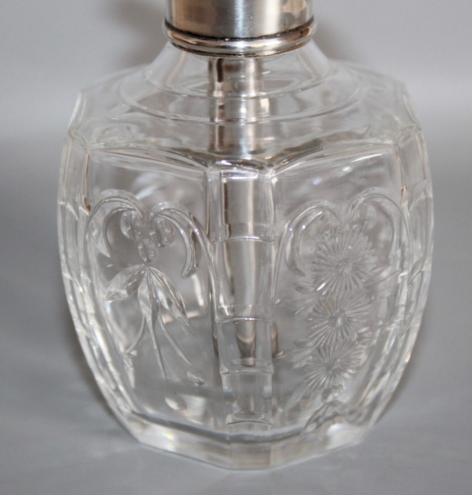 WEBB CORBETT HEXAGONAL CUT CRYSTAL PERFUME ATOMISER BOTTLE WITH SILVER COLLAR