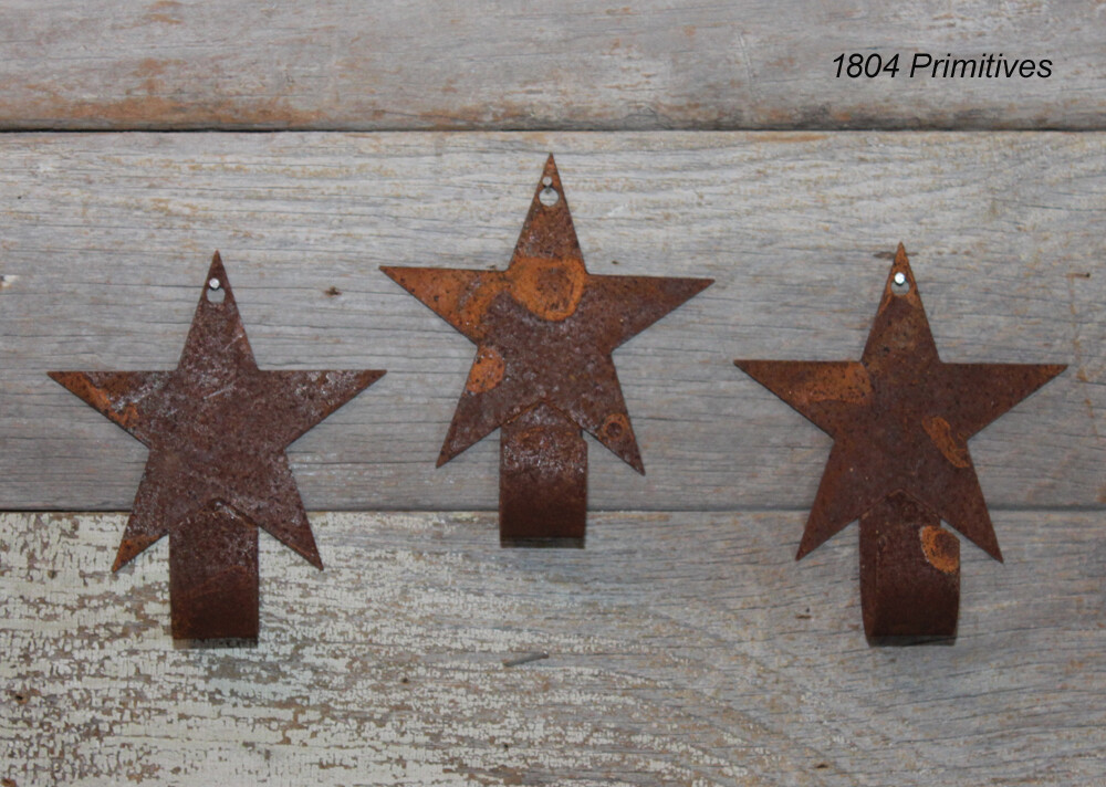 Set of 3 Primitive Rusty Tin Star Wall HOOKS