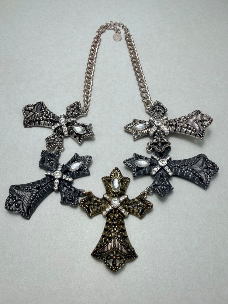 Statement Gothic Cross Necklace Silver Tone Rhinestones Chunky Lucía Signed